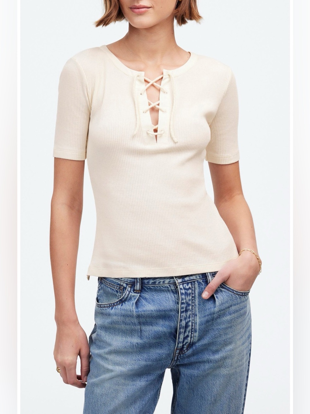 Madewell Ribbed Lace-Up Short-Sleeve Tee